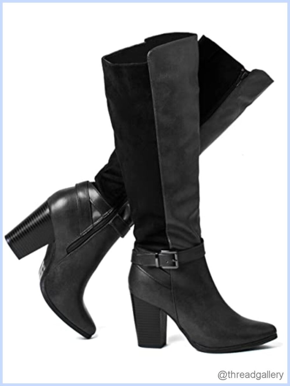 Women's Heeled Knee High Dress Boots Faux Leather Pointed Toe Side Zipper Block